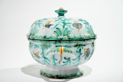 A polychrome Brussels faience tureen and cover with butterflies and caterpillars, 18/19th C.